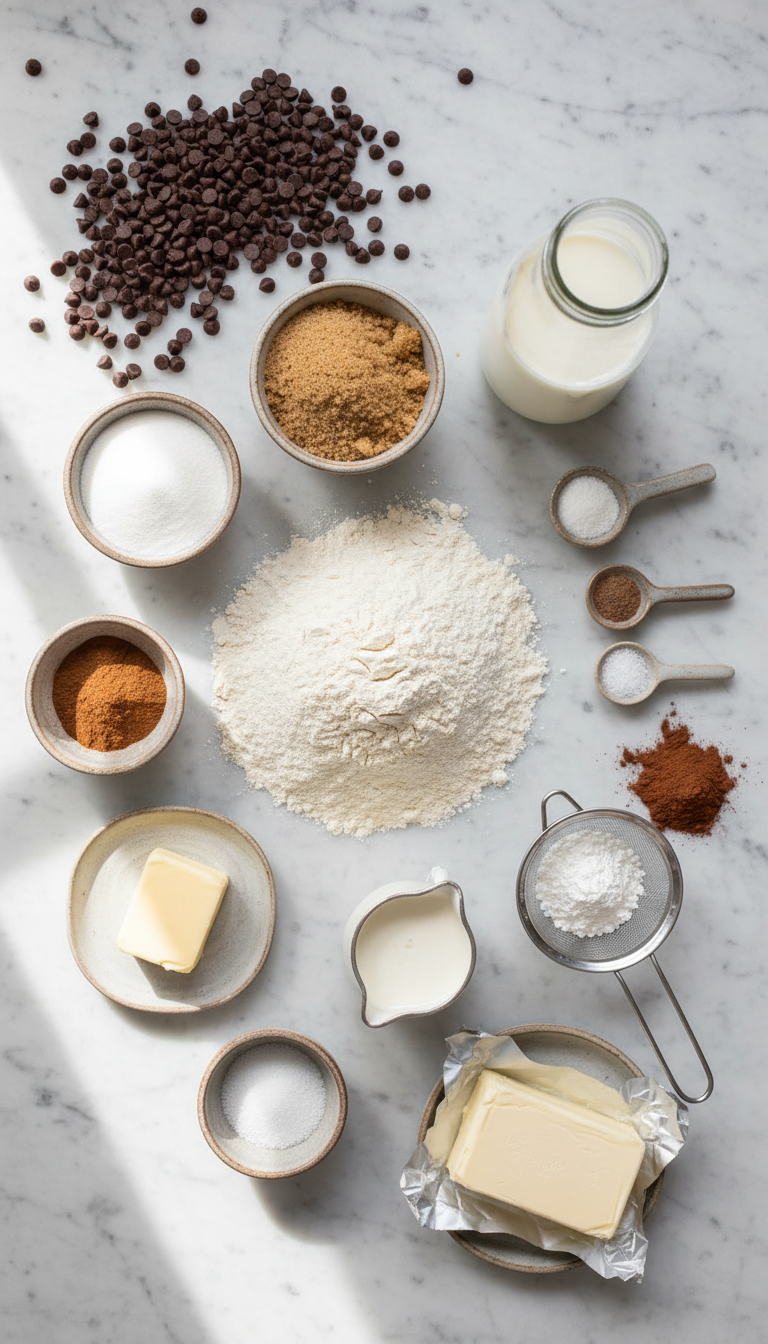 Beautifully arranged ingredients for chocolate chip cinnamon rolls including flour, brown sugar, cinnamon, chocolate chips, and cream cheese on a marble surface