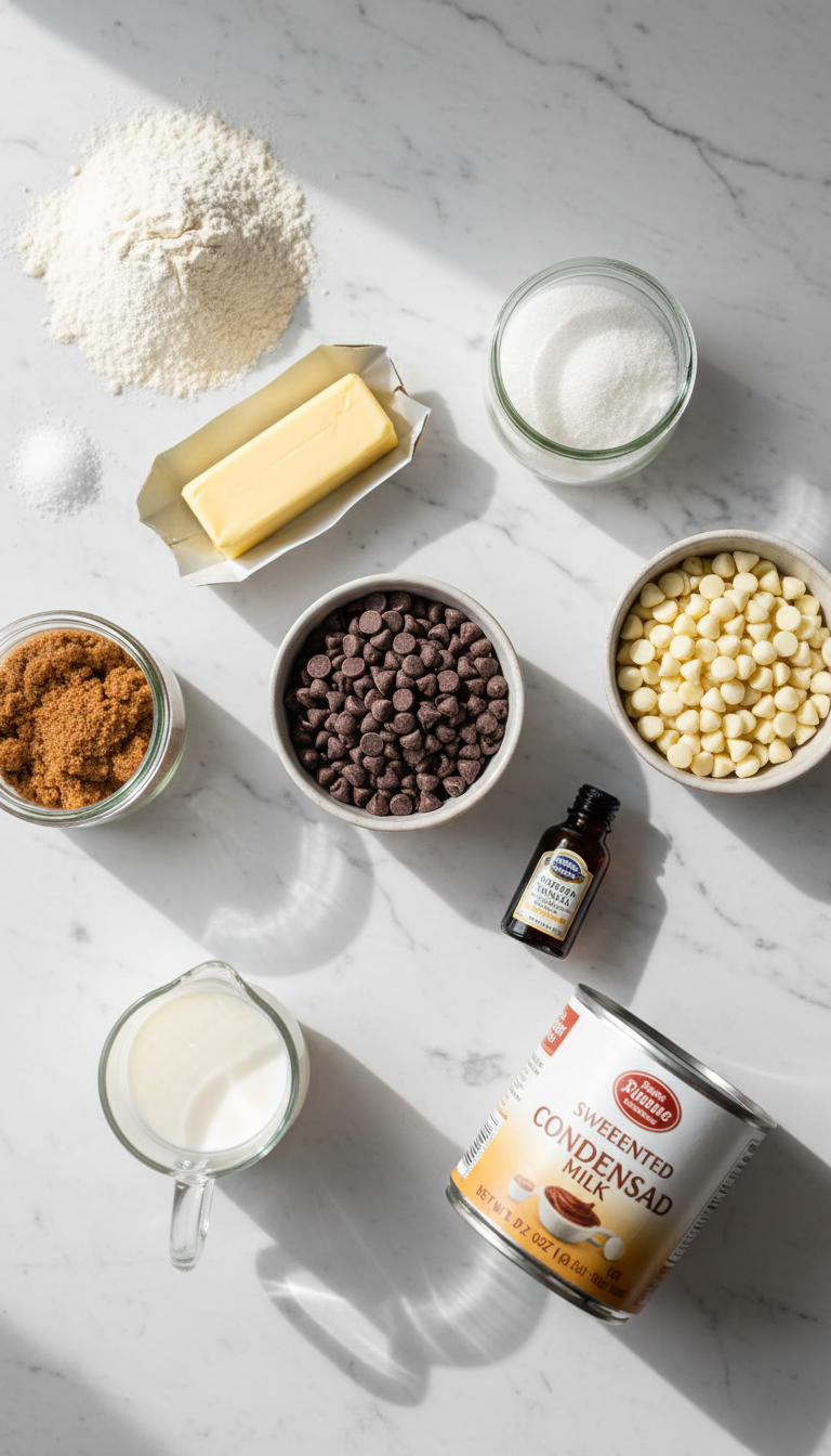 Ingredients for No-Bake Cookie Dough Fudge arranged on a kitchen counter including butter, sugars, flour, chocolate chips, and sweetened condensed milk