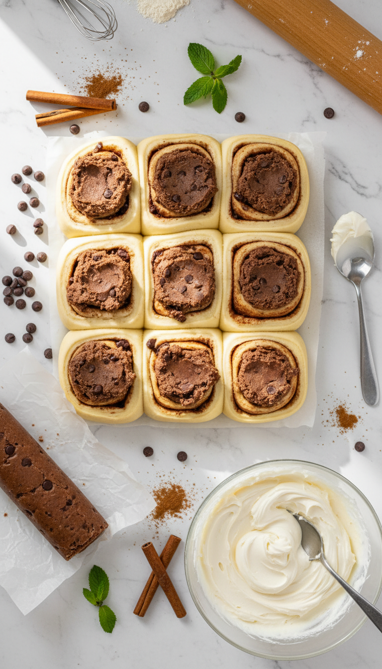 Fresh ingredients for chocolate chip cookie stuffed cinnamon rolls arranged on marble surface with warm lighting
