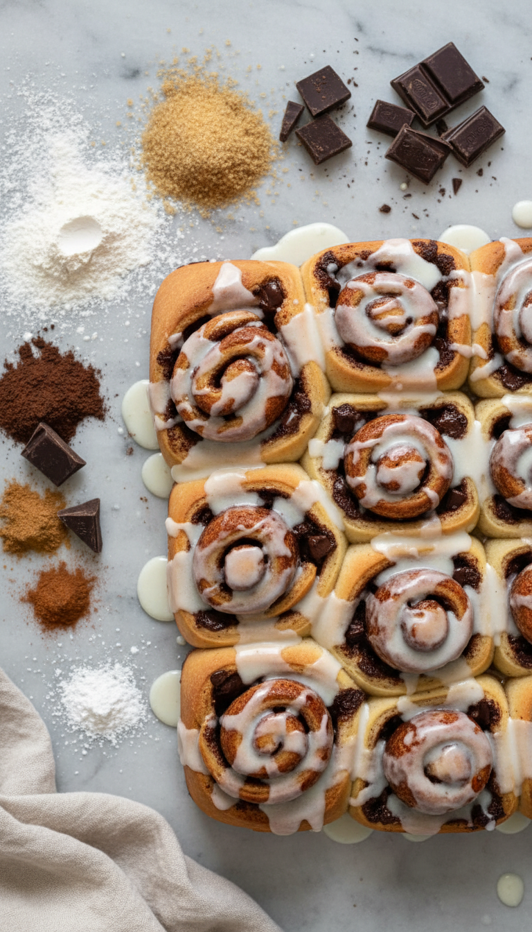 Fresh ingredients for chocolate espresso cinnamon rolls including flour, espresso powder, dark chocolate, and warm milk arranged on a marble countertop