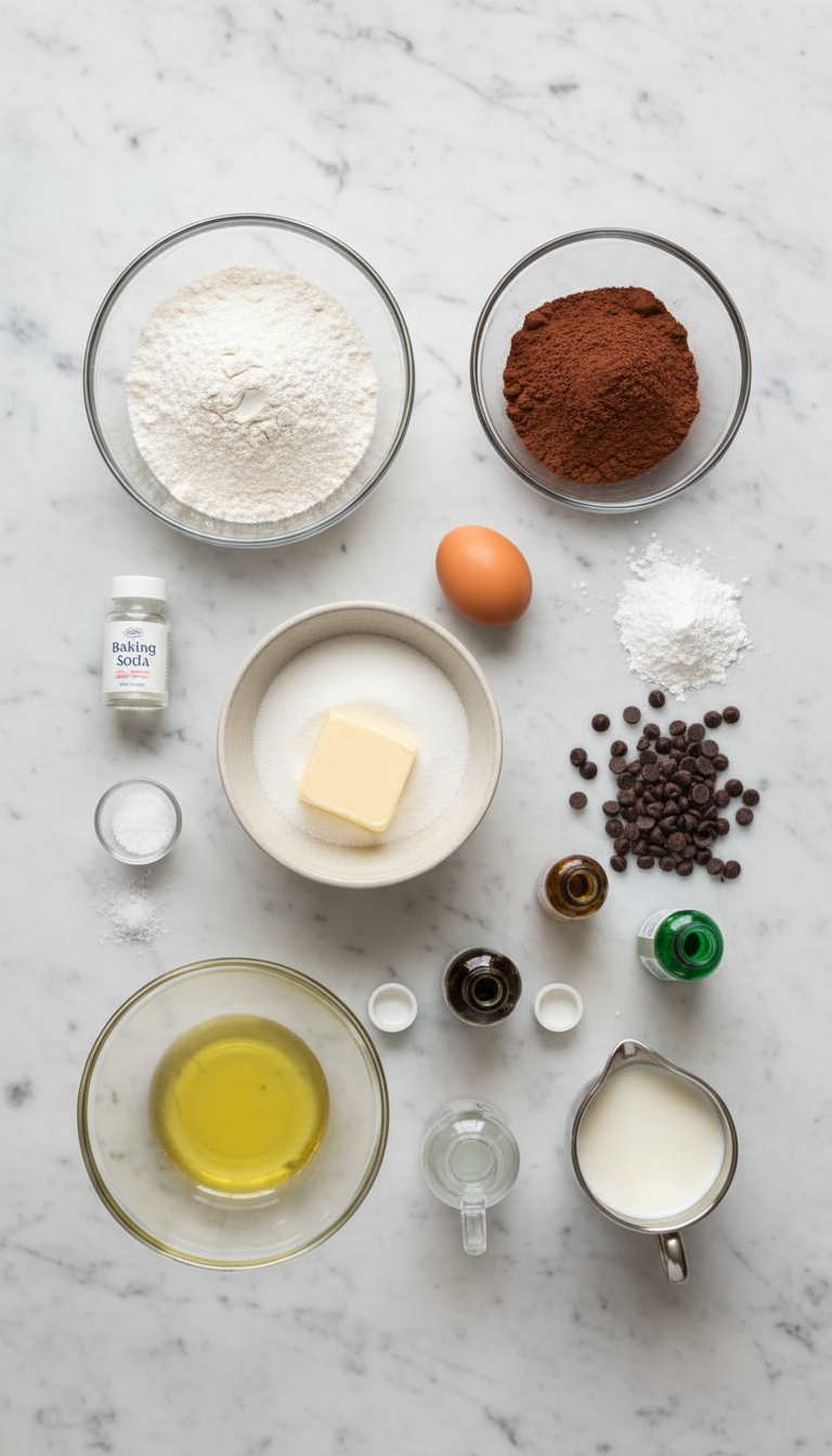 Fresh ingredients for chocolate mint cookies arranged on marble surface including butter, cocoa powder, and mint extract
