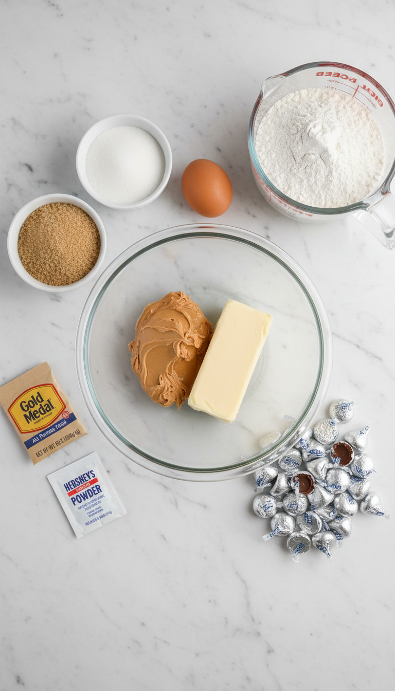 Fresh ingredients for classic peanut butter blossom cookies arranged on marble countertop including creamy peanut butter, brown sugar, flour, and Hershey's kisses