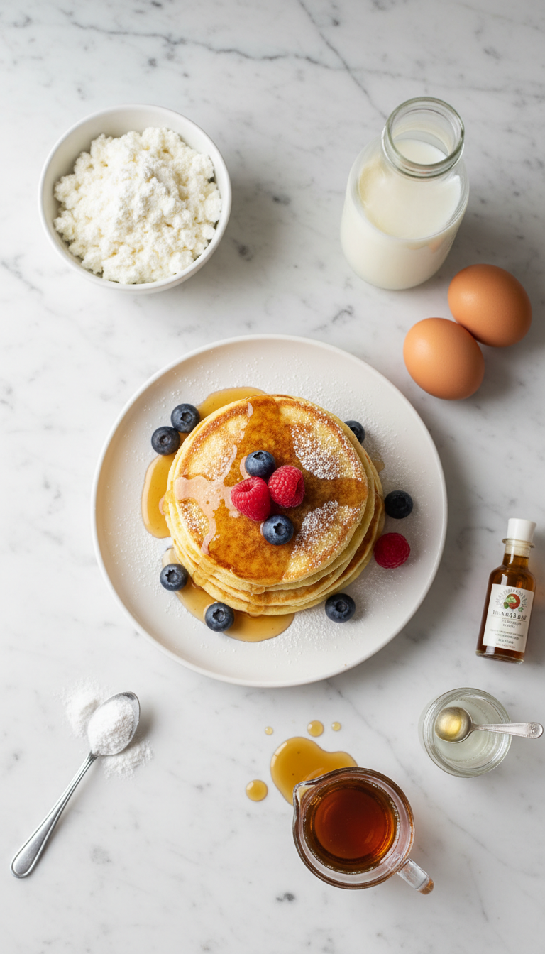 Fresh ingredients for cottage cheese pancakes including flour, cottage cheese, eggs, and maple syrup arranged on a clean kitchen counter