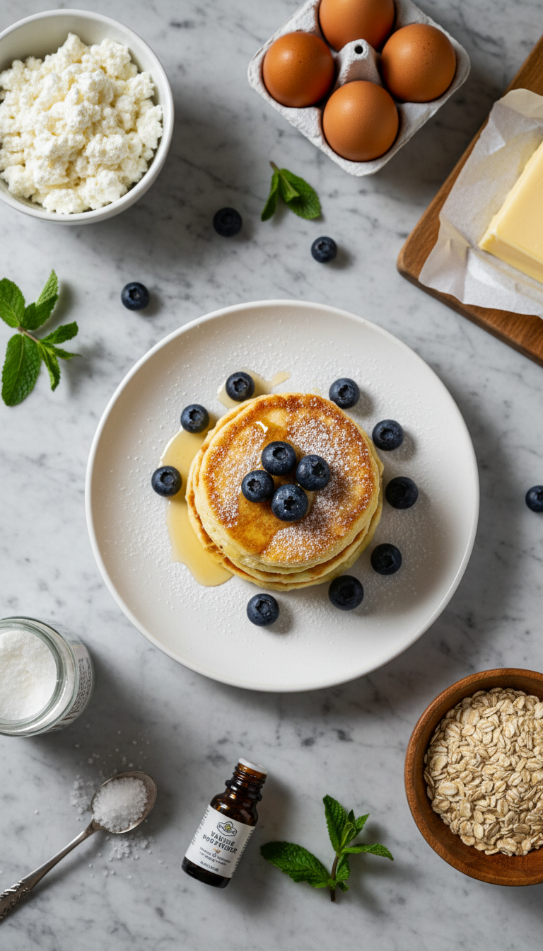 Cottage cheese pancakes ingredients including cottage cheese, eggs, oats, baking powder, vanilla extract, salt, and cooking oil arranged on a clean kitchen counter