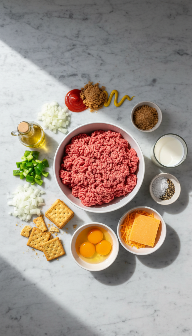 Fresh ingredients for Cracker Barrel meatloaf copycat recipe including ground beef, Ritz crackers, cheese, and vegetables arranged on a kitchen counter