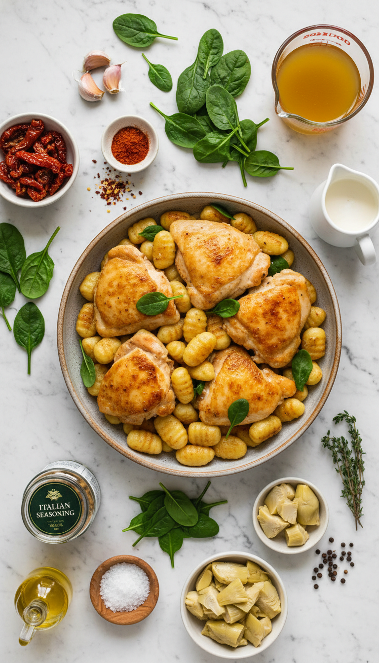 Fresh ingredients for Creamy Tuscan Chicken and Gnocchi recipe including chicken thighs, gnocchi, sun-dried tomatoes, spinach, and artichoke hearts arranged on a kitchen counter