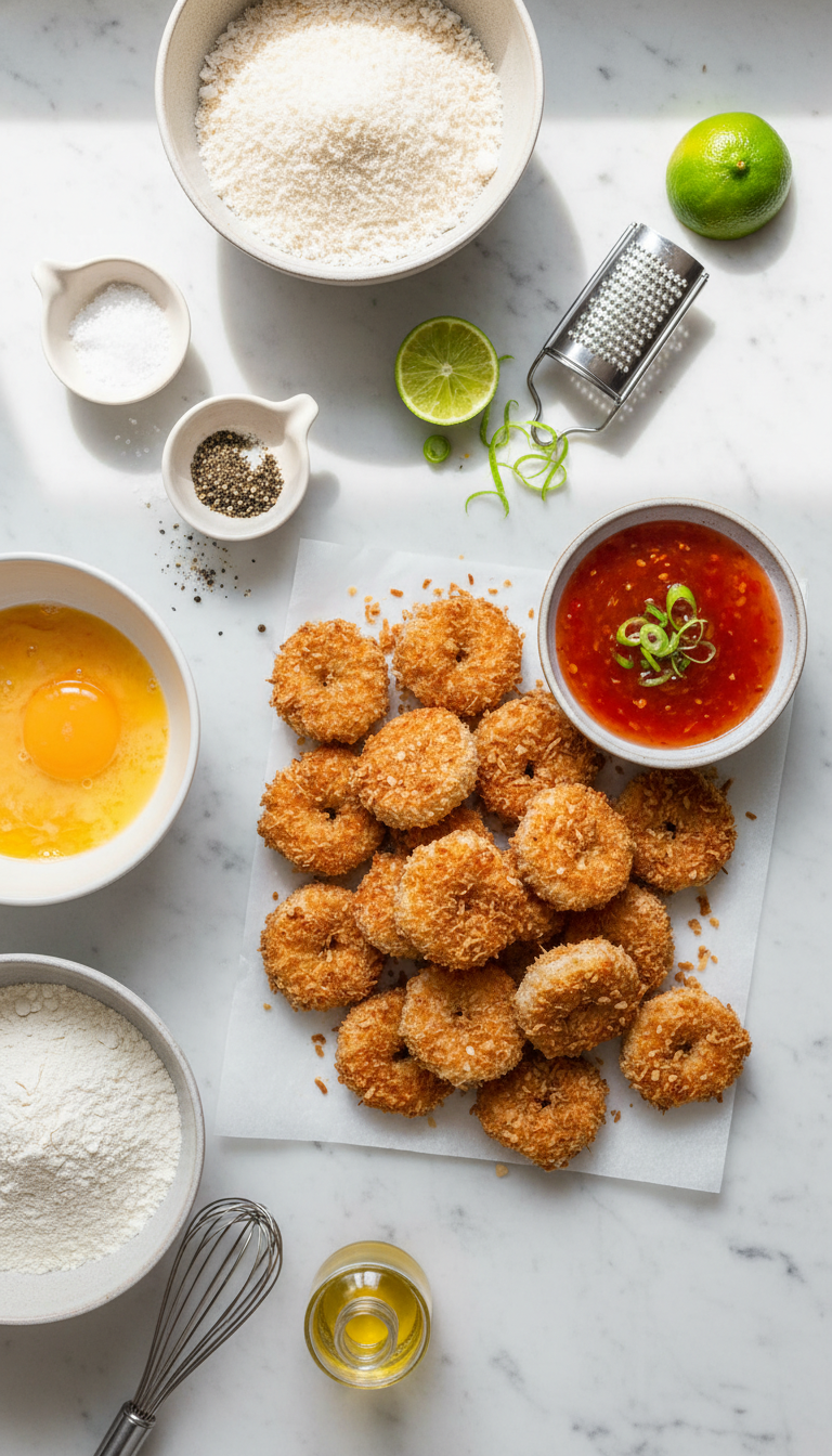 Fresh ingredients for coconut shrimp arranged on marble surface including raw shrimp, shredded coconut, panko breadcrumbs, flour, and eggs