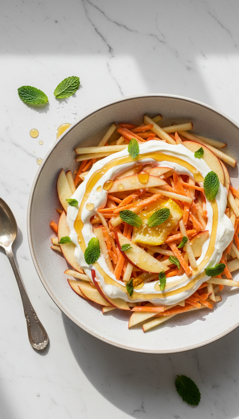 Fresh ingredients for Crunchy Apple Carrot Salad including diced apples, grated carrots, yogurt, honey, and citrus juices arranged on a clean white surface
