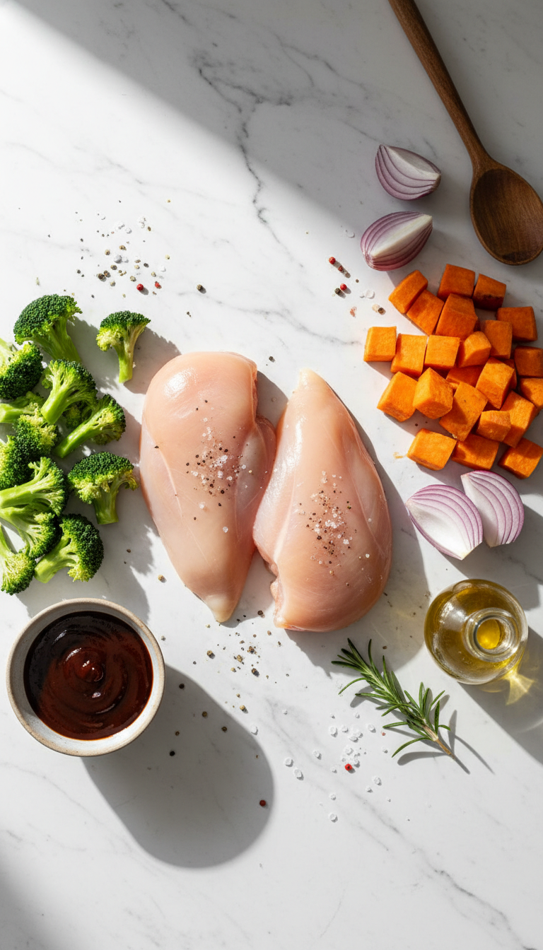 Fresh ingredients for Easy BBQ Chicken and Roasted Sweet Potato Bowls including diced chicken breasts, cubed sweet potatoes, sliced onions, broccoli florets, BBQ sauce, and olive oil arranged on a wooden cutting board