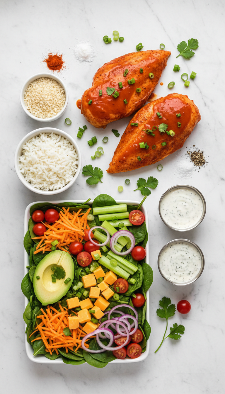 Fresh ingredients arranged for Easy Buffalo Chicken Bowl Recipe including chicken, vegetables, and colorful toppings