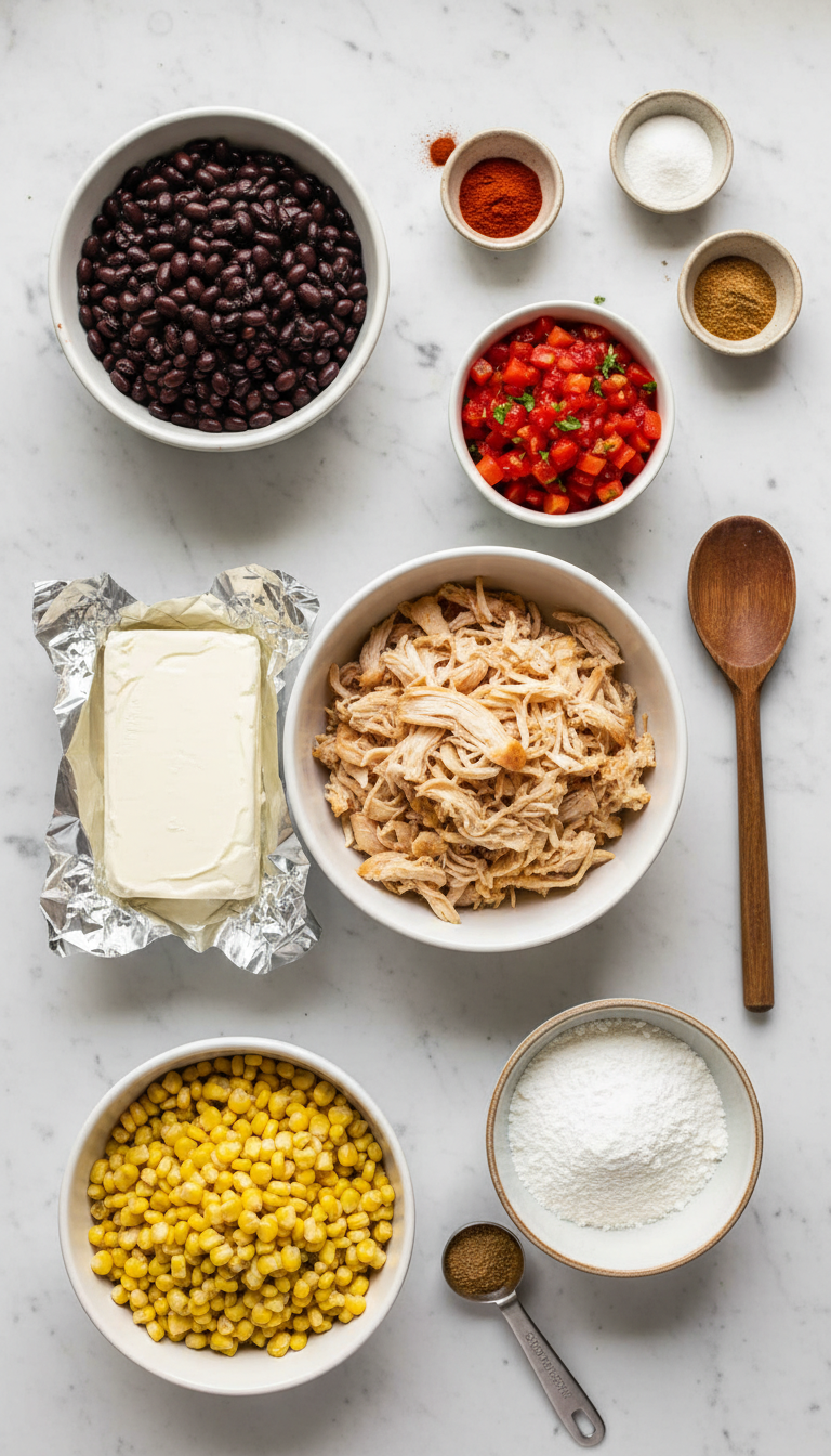 Fresh ingredients laid out for Easy Crock Pot Cream Cheese Chicken Chili including chicken breasts, black beans, corn, cream cheese, and spices