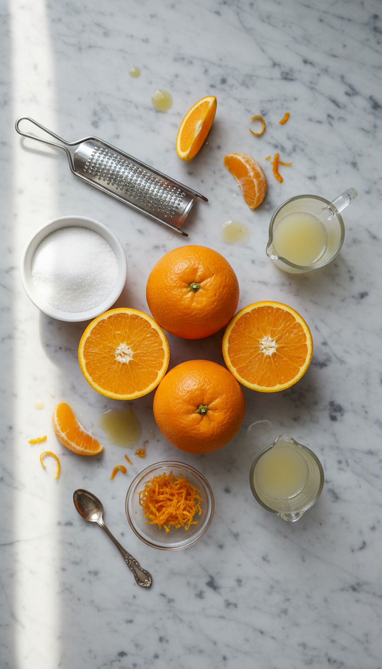 Fresh oranges, sugar, lemon juice and orange zest arranged on a wooden cutting board for homemade orange jam recipe