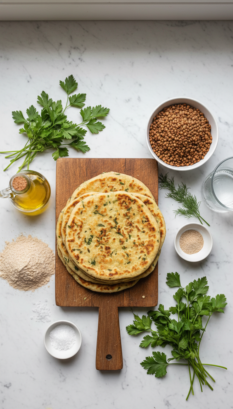 Fresh ingredients for easy lentil and herb flatbreads including cooked lentils, whole wheat flour, olive oil, and fresh herbs arranged on a wooden cutting board