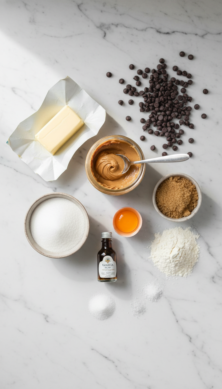 Ingredients for Easy Peanut Butter Chocolate Chip Cookies arranged on a marble surface showing melted butter, creamy peanut butter, sugars, egg, vanilla, flour, baking soda, salt, and chocolate chips