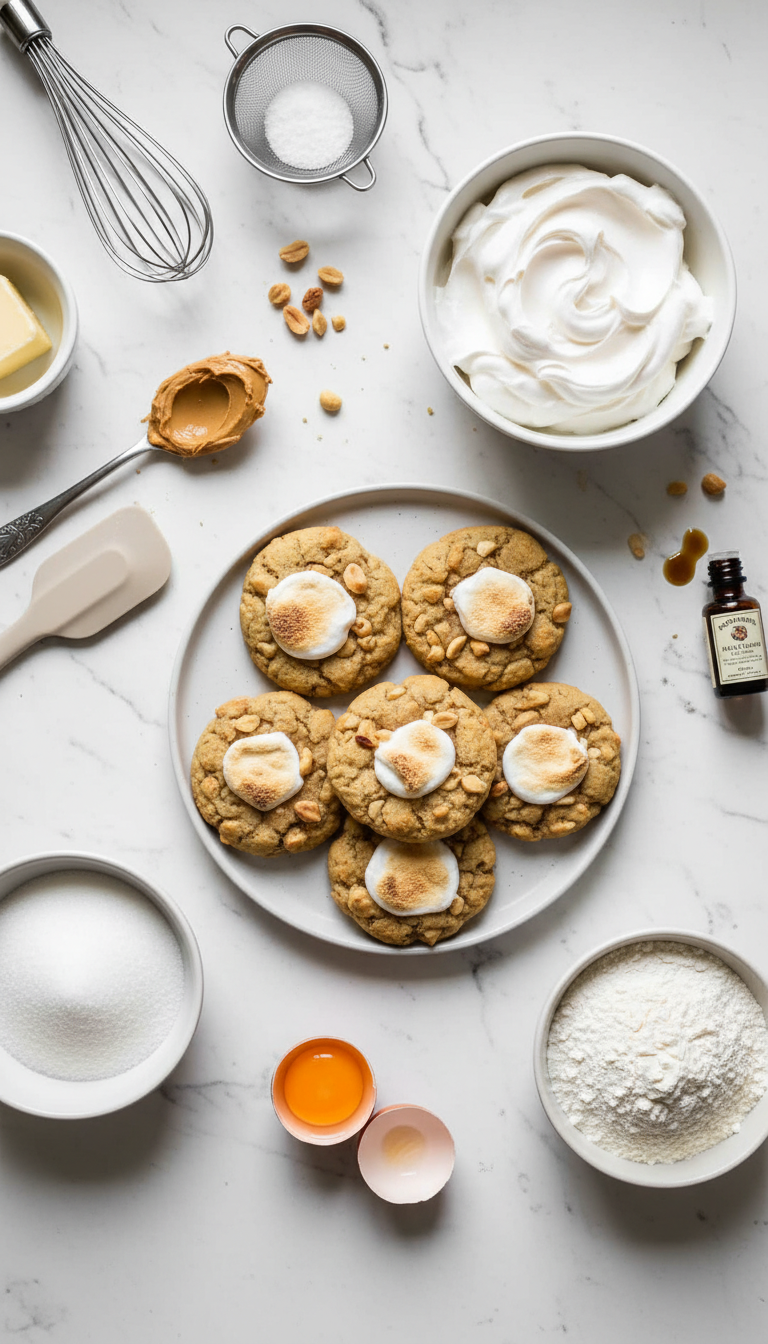 Fresh ingredients for fluffernutter cookies arranged on marble surface showing golden butter, creamy peanut butter, and fluffy marshmallow cream