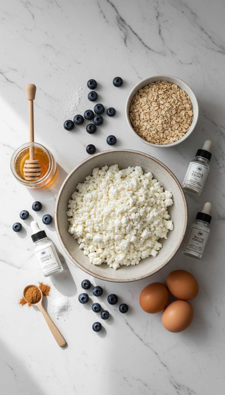Ingredients laid out for fluffy cottage cheese blueberry bake including cottage cheese, fresh blueberries, oats, honey, eggs, and spices