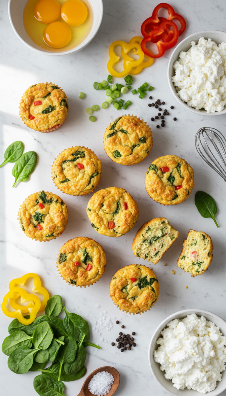 Fresh ingredients for fluffy cottage cheese egg muffins arranged on a wooden cutting board including eggs, cottage cheese, spinach, and colorful vegetables