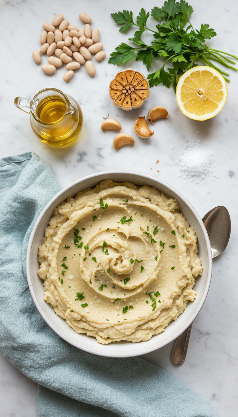 Fresh ingredients for garlic white bean mash including cannellini beans, garlic cloves, olive oil, vegetable broth, lemon, and fresh parsley arranged on a clean kitchen counter