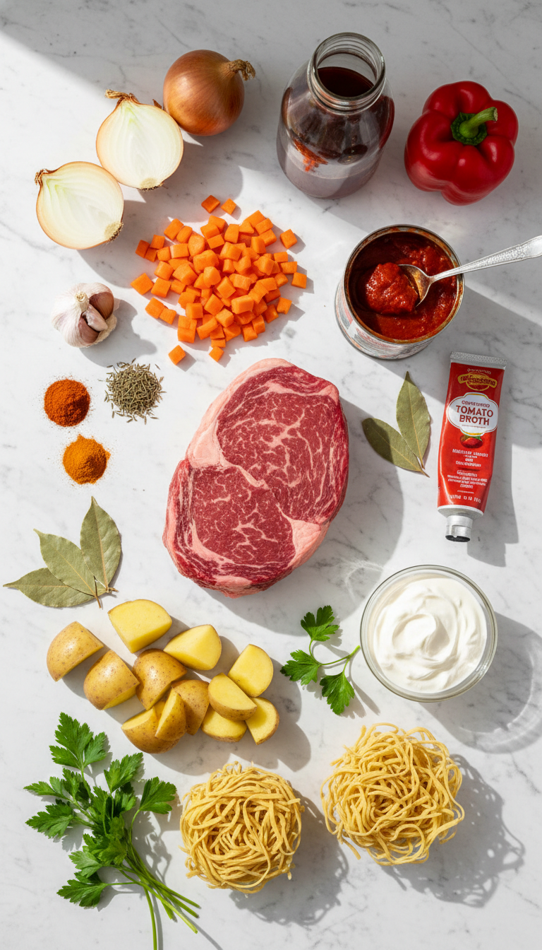 Fresh ingredients for Hungarian goulash including paprika, beef, onions, and colorful vegetables arranged on rustic wooden surface