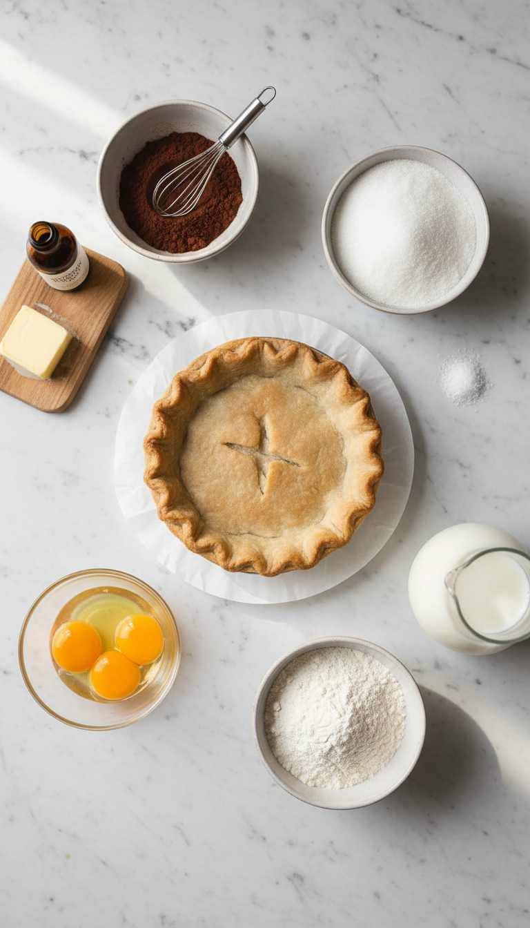 Fresh ingredients for grandma's chocolate pie including cocoa powder, eggs, milk, and pie crust arranged on marble counter