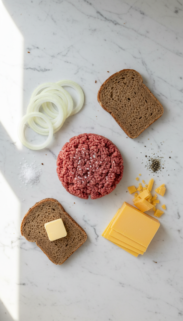 Fresh ingredients for grilled cheese patty melts including ground beef, rye bread, cheddar cheese, and onions arranged on a kitchen counter