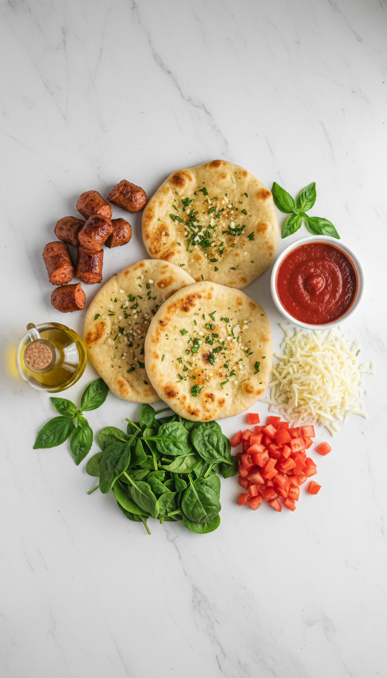 Fresh ingredients for grilled chicken sausage, spinach, and mozzarella pizza including naan flatbreads, Italian chicken sausages, pizza sauce, shredded mozzarella, fresh spinach, diced tomatoes, and fresh basil