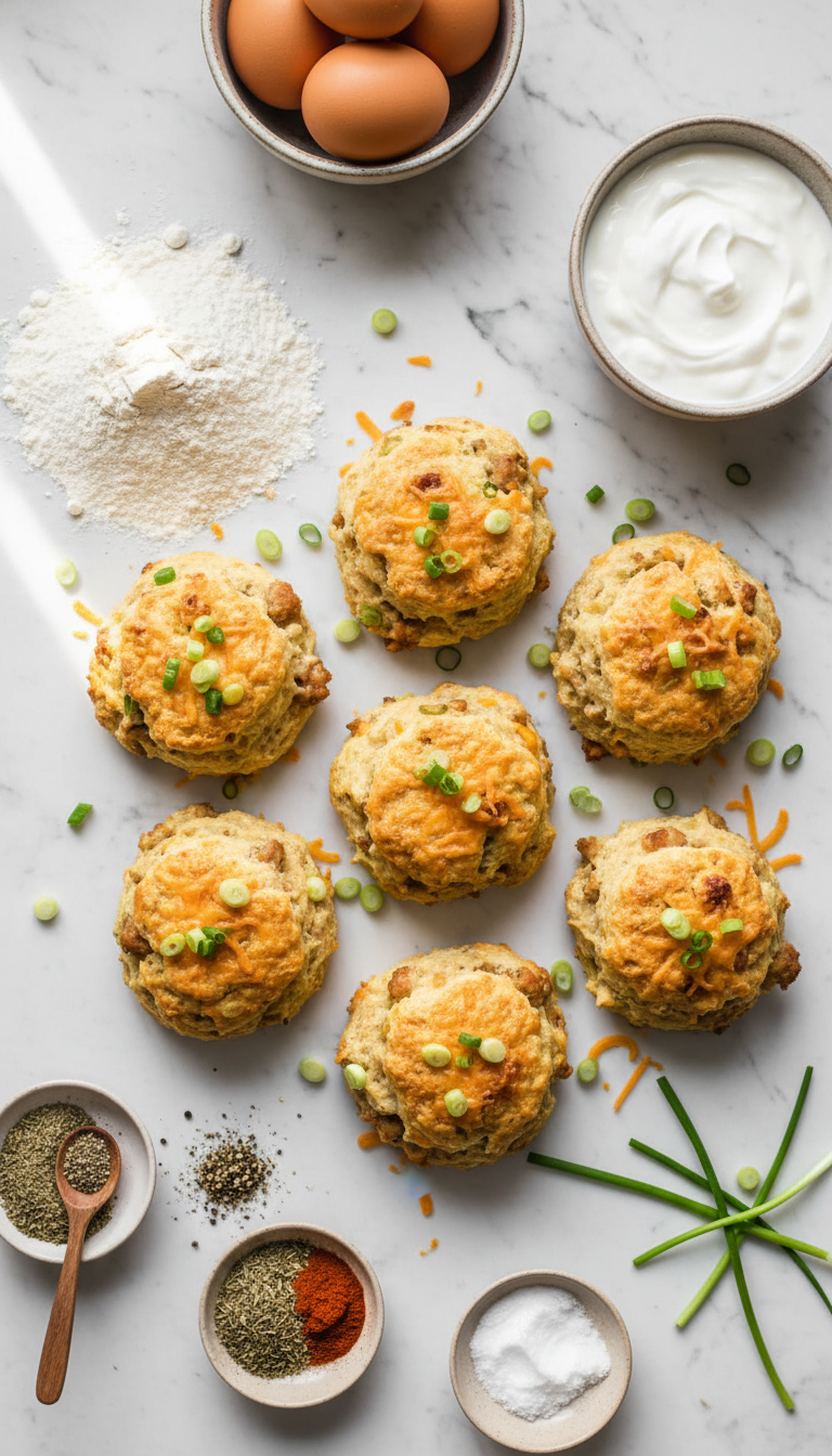 Fresh ingredients for Protein Breakfast Biscuits including Greek yogurt, eggs, flour, chicken sausage, and sharp cheddar cheese arranged on a marble countertop