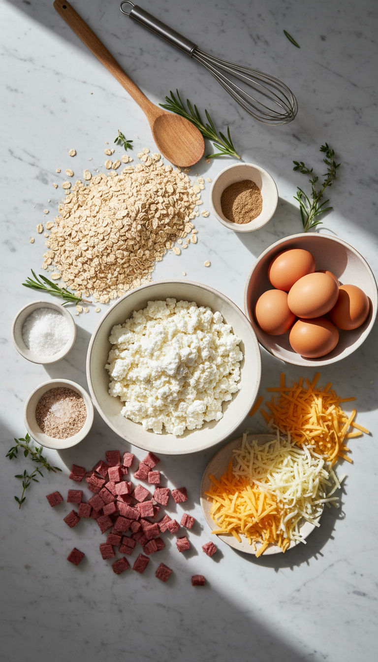 Fresh ingredients for High Protein Cottage Cheese & Egg Breakfast Bars arranged on marble countertop including cottage cheese, eggs, oats, and seasonings