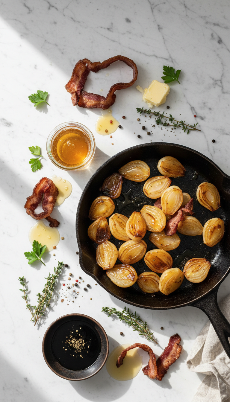 Fresh ingredients for honey-glazed shallots with crispy beef rashers arranged on a marble surface