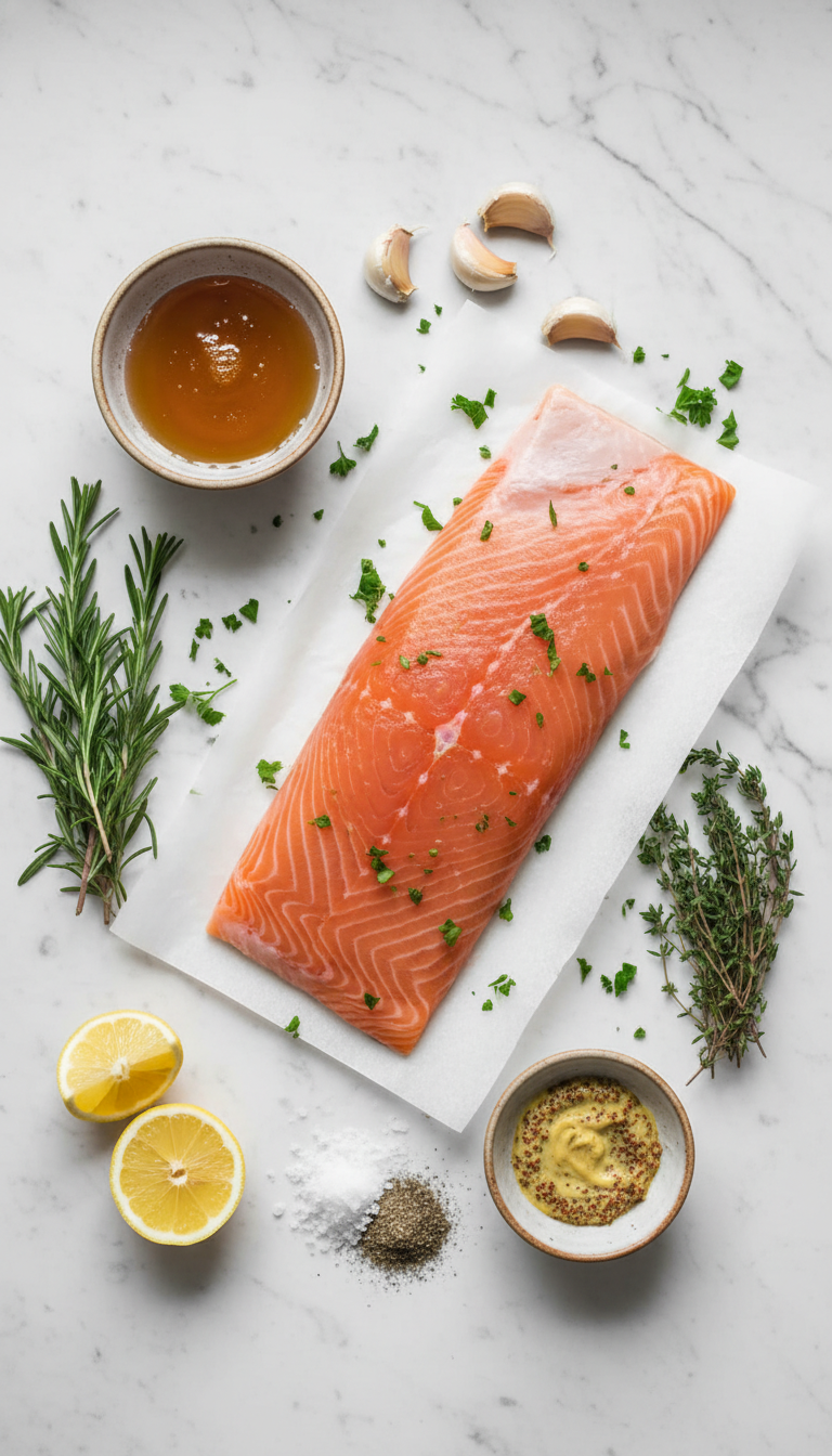 Fresh salmon fillet with honey, garlic, Dijon mustard, and herbs arranged for Baked Honey Garlic Salmon recipe