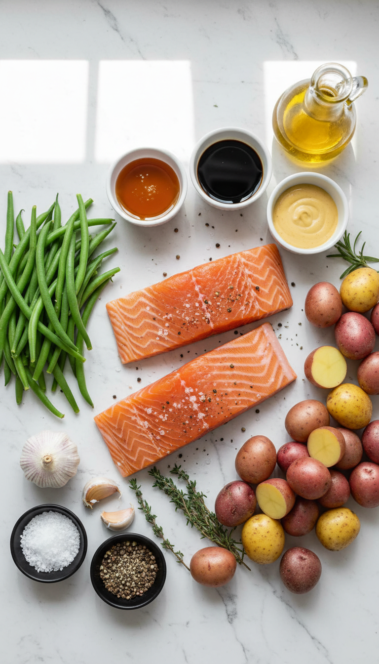 Fresh salmon fillets, red potatoes, green beans, and honey garlic sauce ingredients arranged on a marble countertop