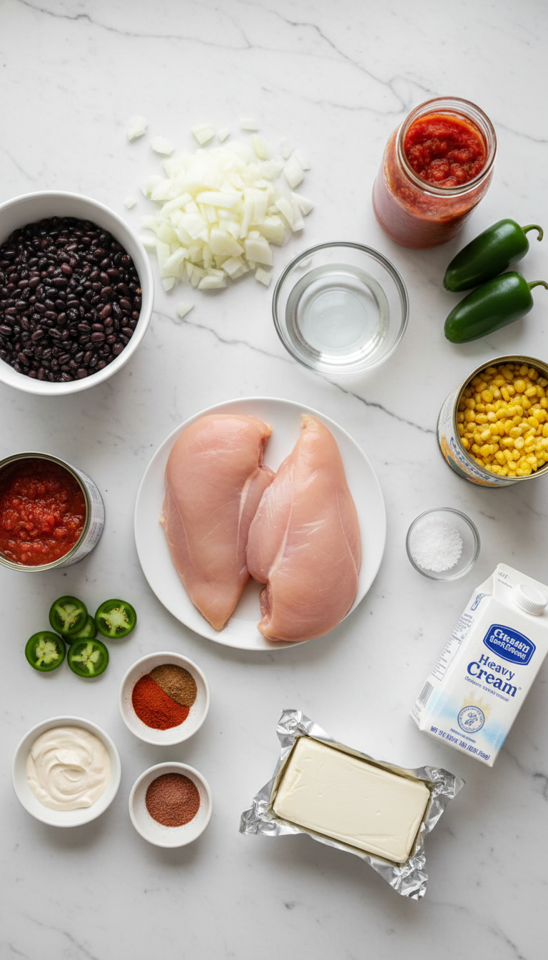 Fresh ingredients for Instant Pot White Chicken Chili Recipe arranged on marble countertop including chicken breasts, black beans, corn, jalapeños, and cream cheese