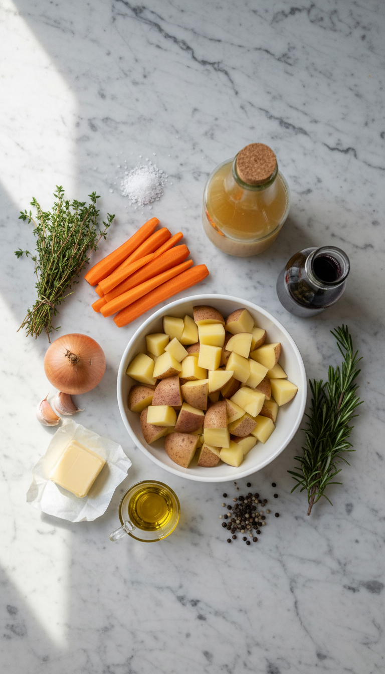 Fresh ingredients for Irish Vegetarian Stew including diced potatoes, sliced carrots, chopped onions, minced garlic, herbs, and grape juice arranged on a rustic wooden cutting board