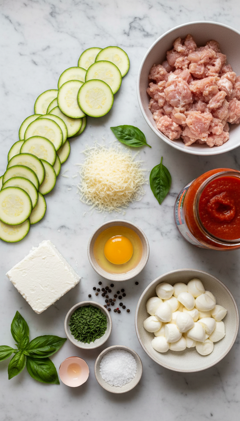 Fresh zucchini slices, ricotta cheese mixture, ground poultry, and herbs arranged for zucchini lasagna preparation