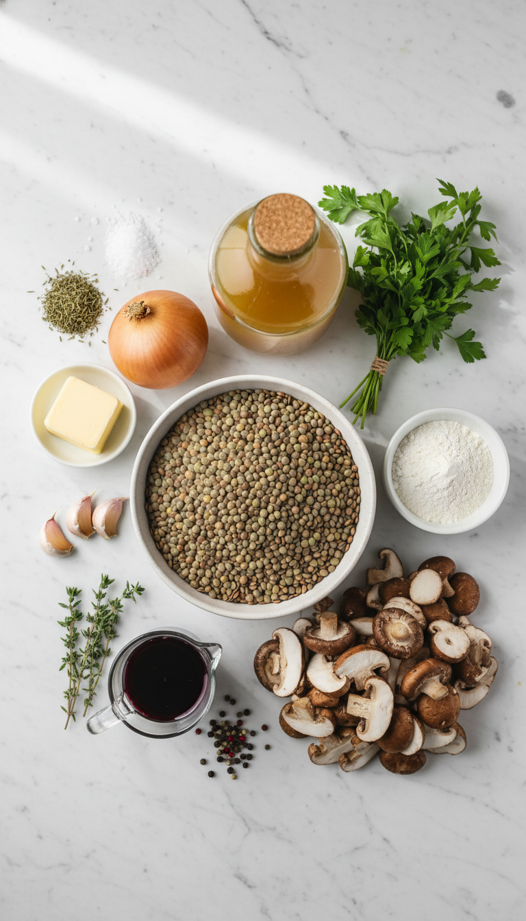 Fresh ingredients for Lentil Mushroom Stroganoff including lentils, mushrooms, onion, and herbs arranged on a wooden cutting board
