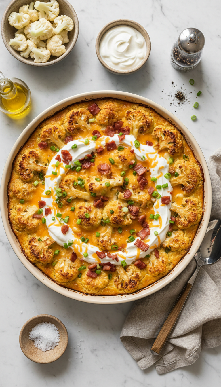 Fresh cauliflower florets, shredded cheddar cheese, sour cream, heavy cream, turkey bacon, and green onions arranged on a marble countertop for cauliflower casserole recipe