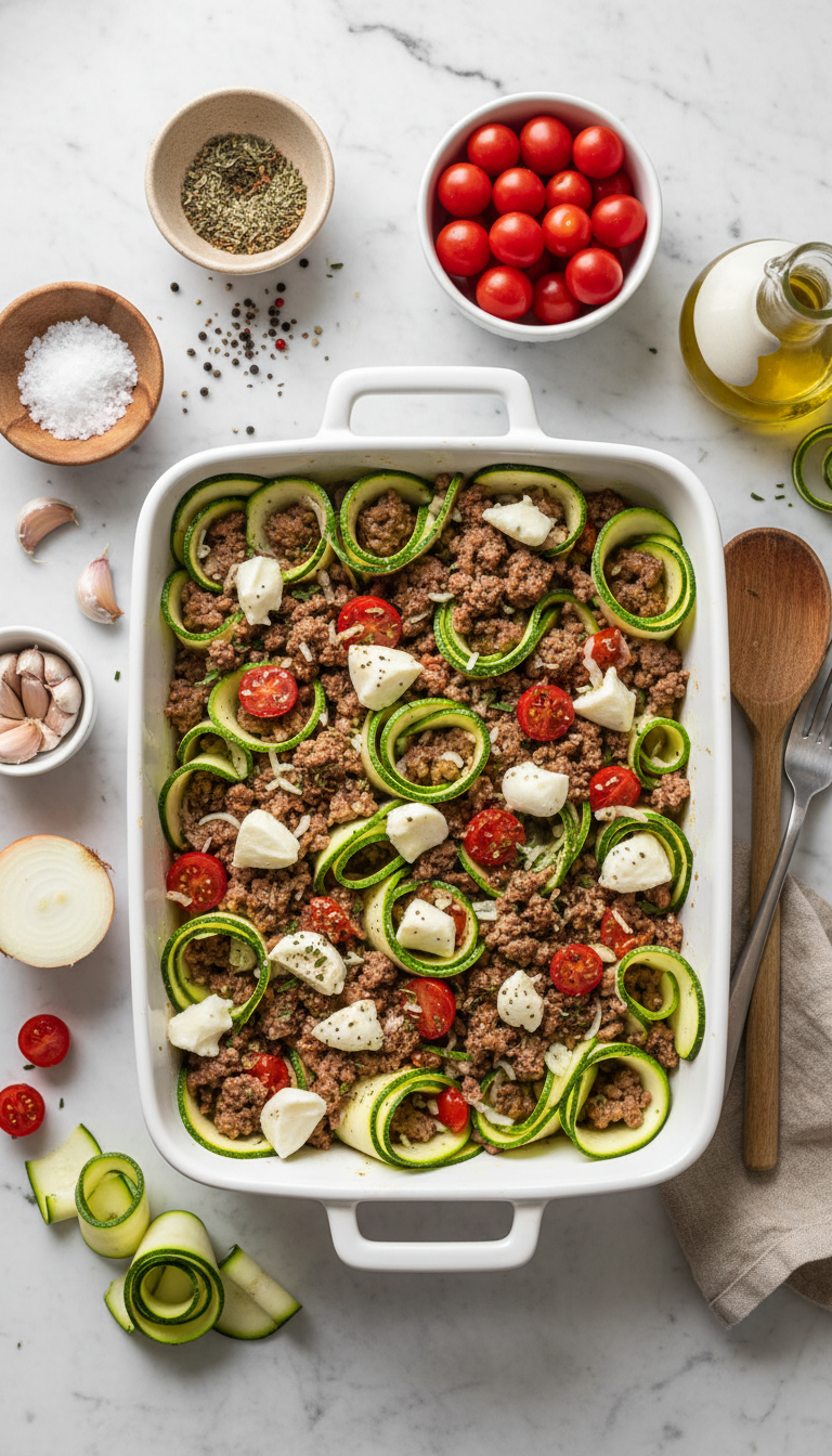 Colorful ingredients for Ground Beef Zucchini Casserole arranged on white marble surface showing vibrant green zucchini rounds, rich ground beef, golden cheese, and aromatic herbs