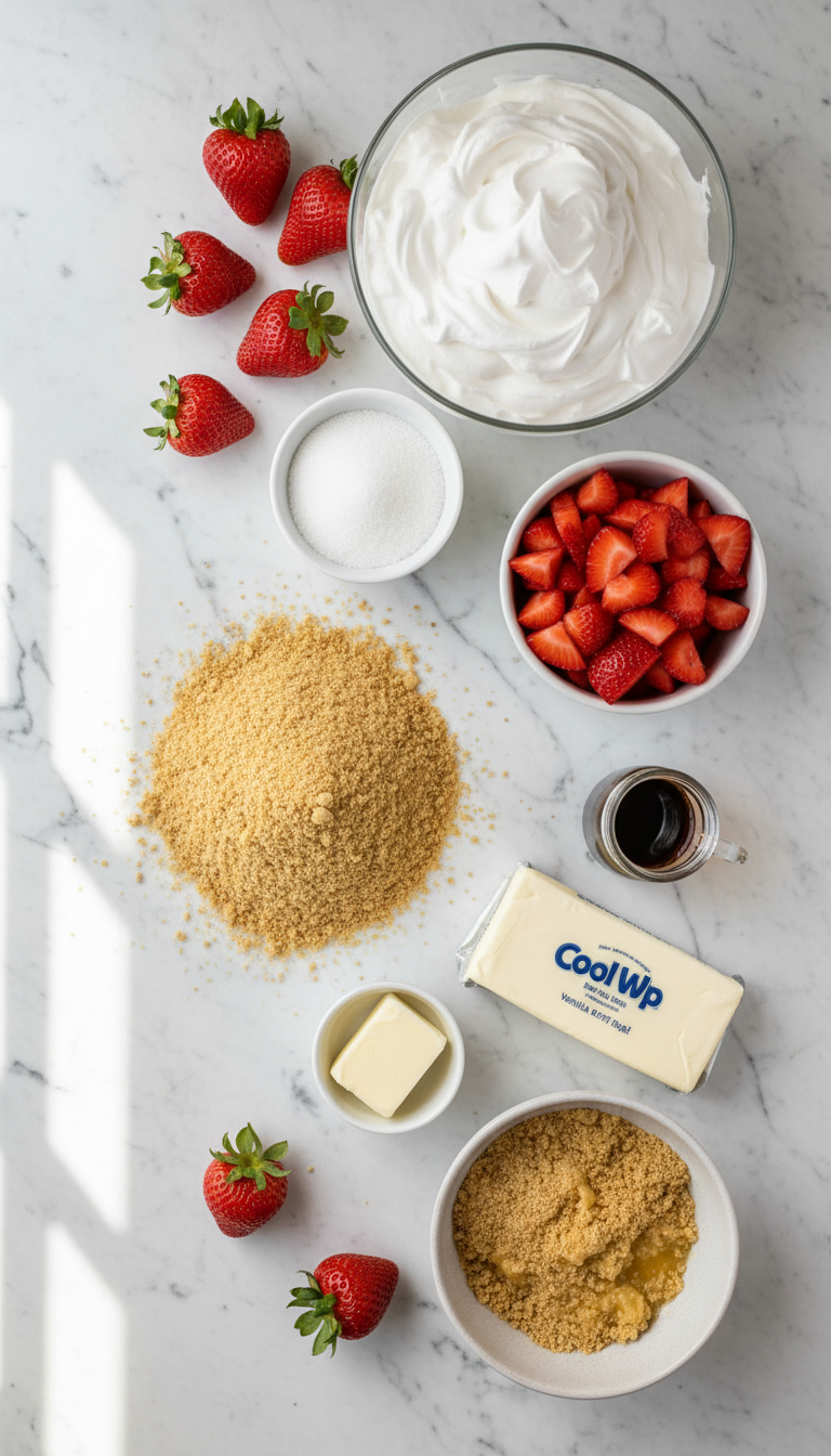 Fresh ingredients for no-bake strawberry cheesecake bars arranged on marble surface including graham crackers, cream cheese, strawberries, and Cool Whip