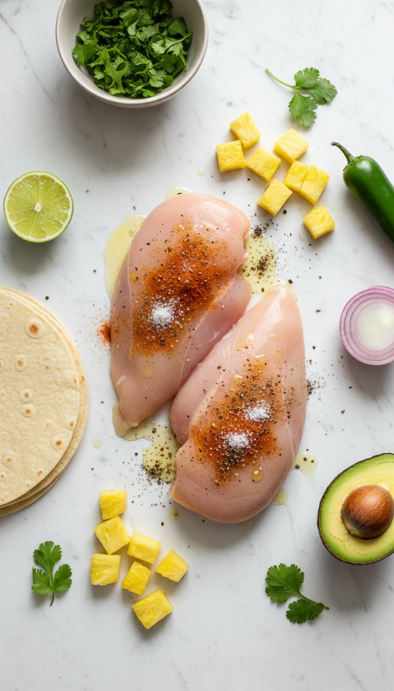 Fresh ingredients for One-Pan Chicken and Pineapple Tacos including diced chicken, pineapple chunks, spices, and taco toppings arranged on a clean counter
