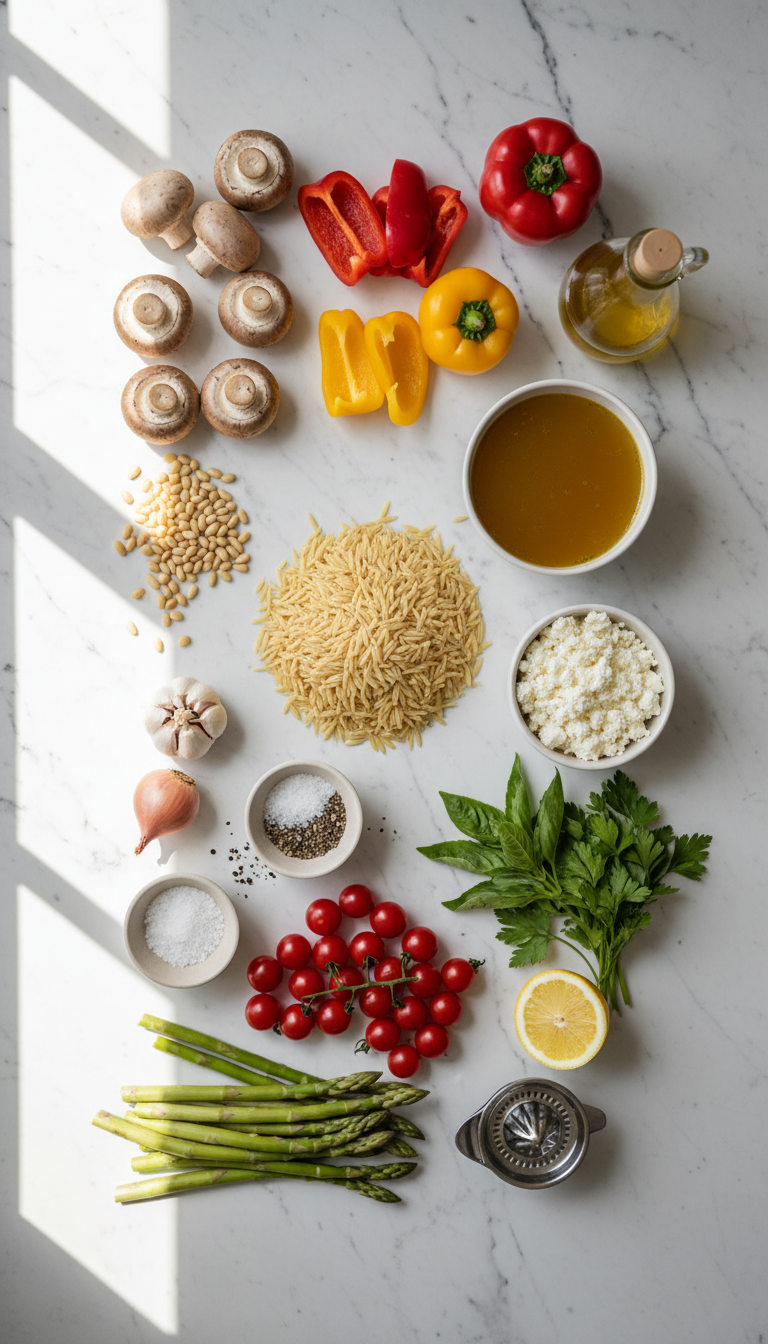 Fresh ingredients for Lemon Garlic Orzo with Roasted Vegetables including orzo pasta, colorful bell peppers, asparagus, cherry tomatoes, pine nuts, and fresh herbs arranged on a wooden cutting board