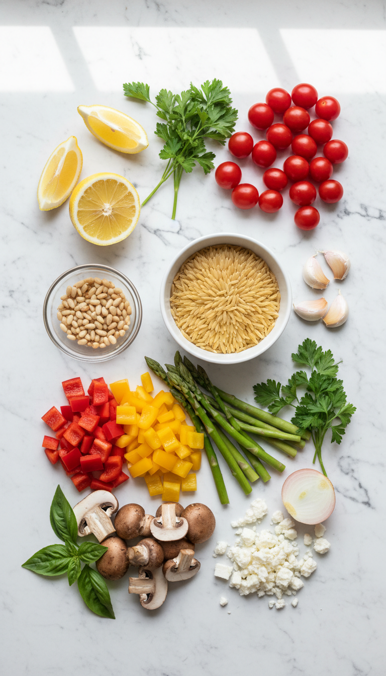 Fresh ingredients for Lemon Garlic Orzo with Roasted Vegetables including pine nuts, mushrooms, bell peppers, asparagus, cherry tomatoes, garlic, shallots, olive oil, orzo pasta, vegetable broth, and feta cheese arranged on a marble countertop