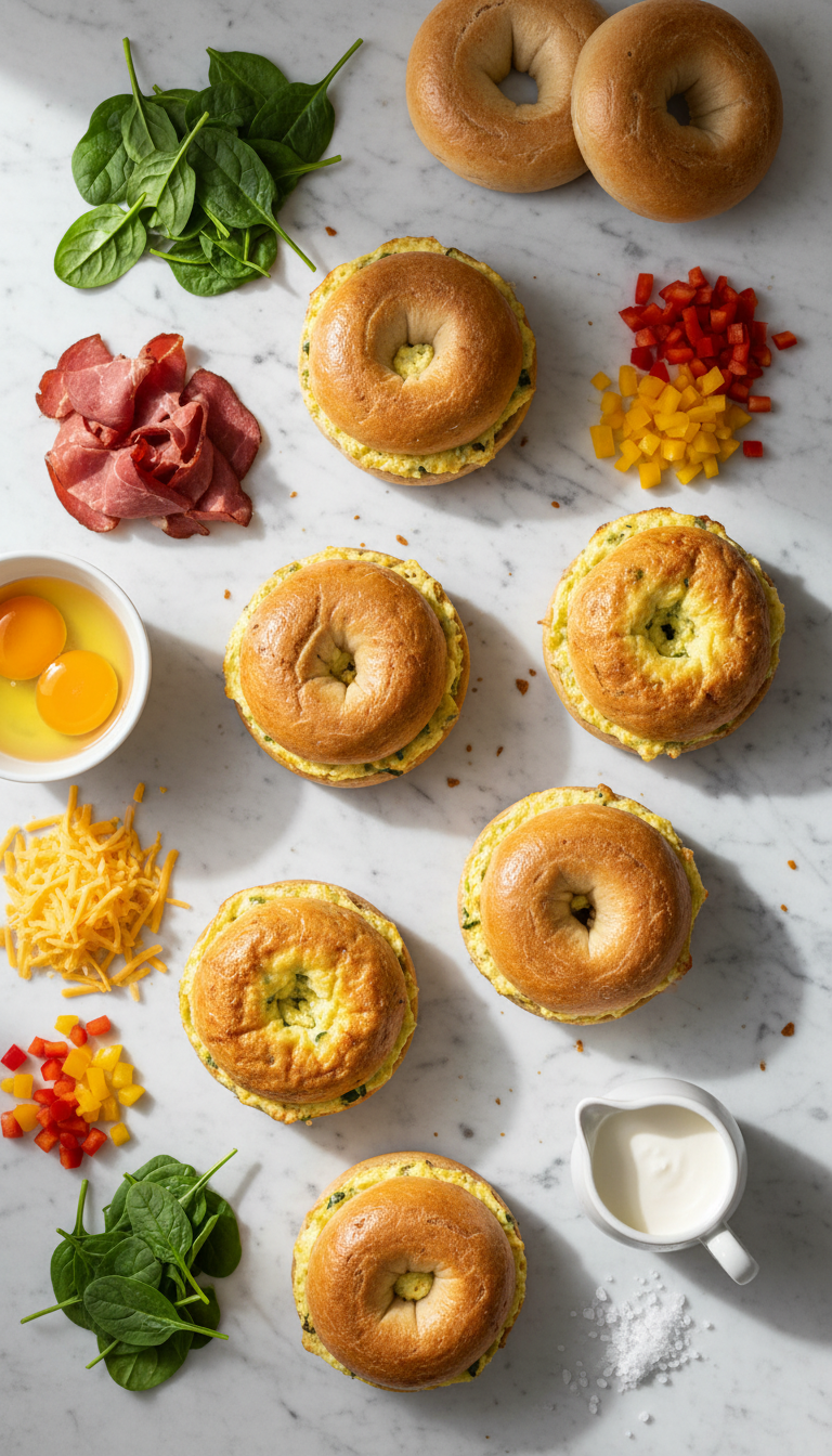 Fresh ingredients for quiche stuffed bagels including smoked beef, eggs, cheddar cheese, heavy cream, spinach, and plain bagels arranged on a clean kitchen counter