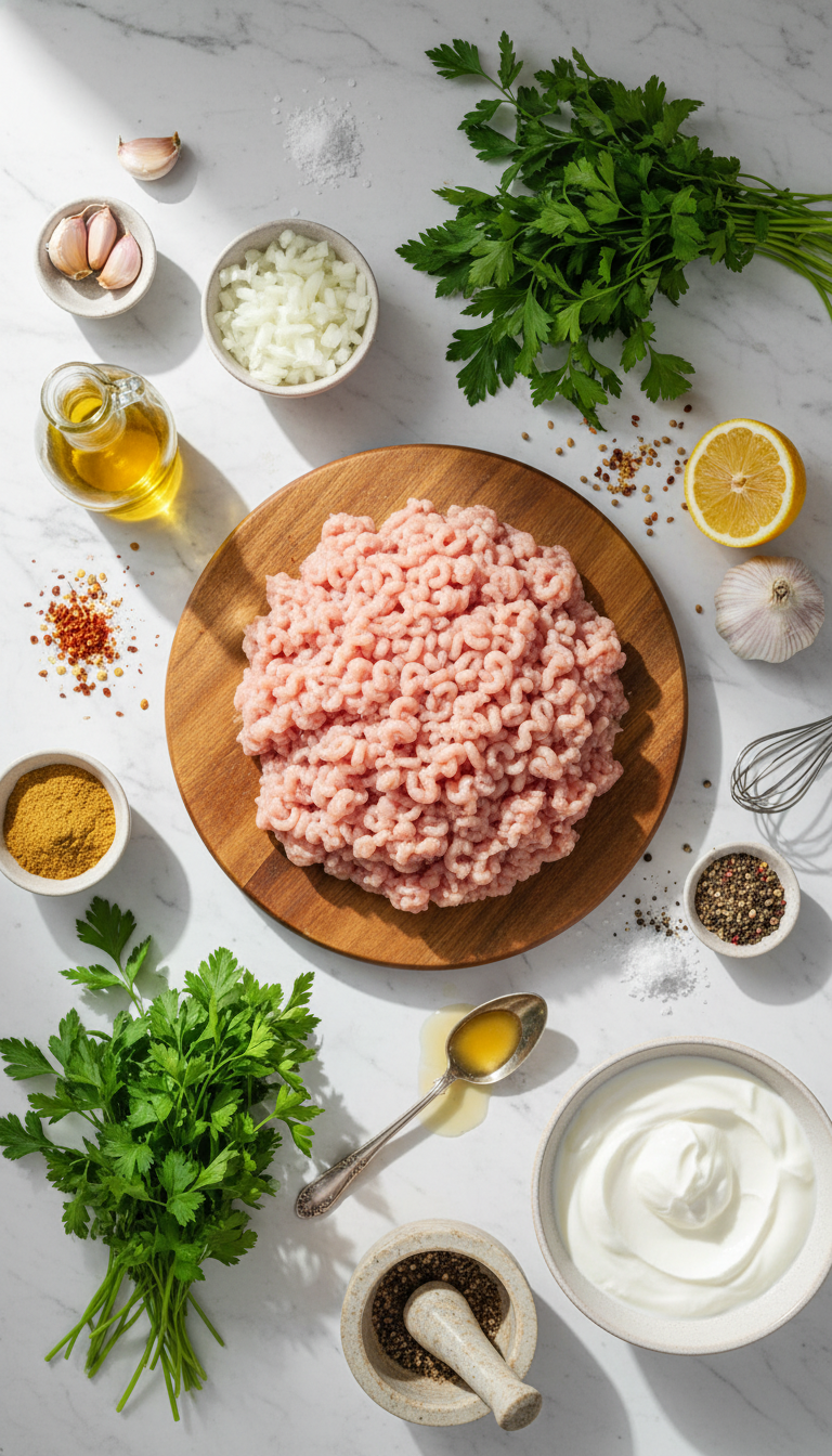 Fresh ingredients for savory chicken kofta with garlic sauce arranged on marble surface showing ground chicken, herbs, spices, and yogurt