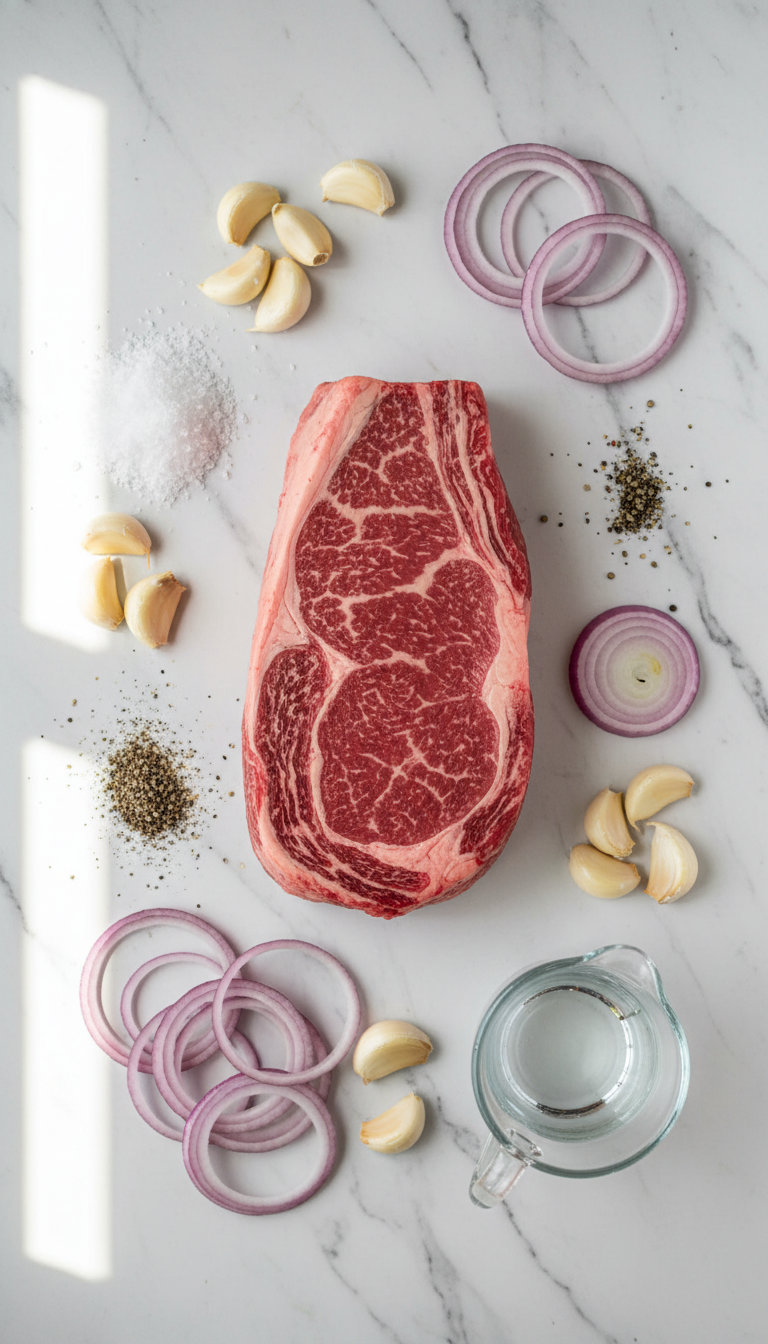 Fresh ingredients for braised beef chuck roast including marbled beef, vibrant red onions, and aromatic garlic cloves arranged on rustic wooden surface