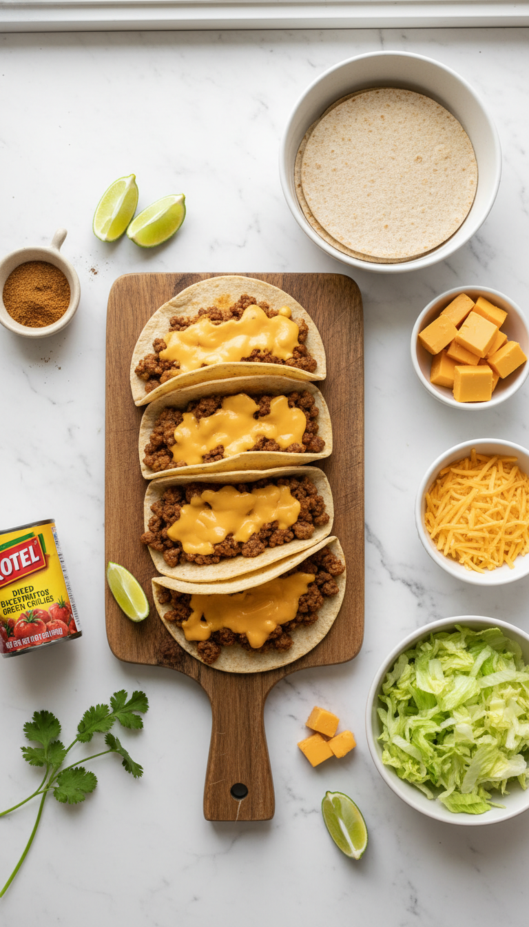 Fresh ingredients for Slow Cooker Rotel Tacos including ground beef, Velveeta cheese, Rotel tomatoes, taco seasoning, and milk arranged on a kitchen counter