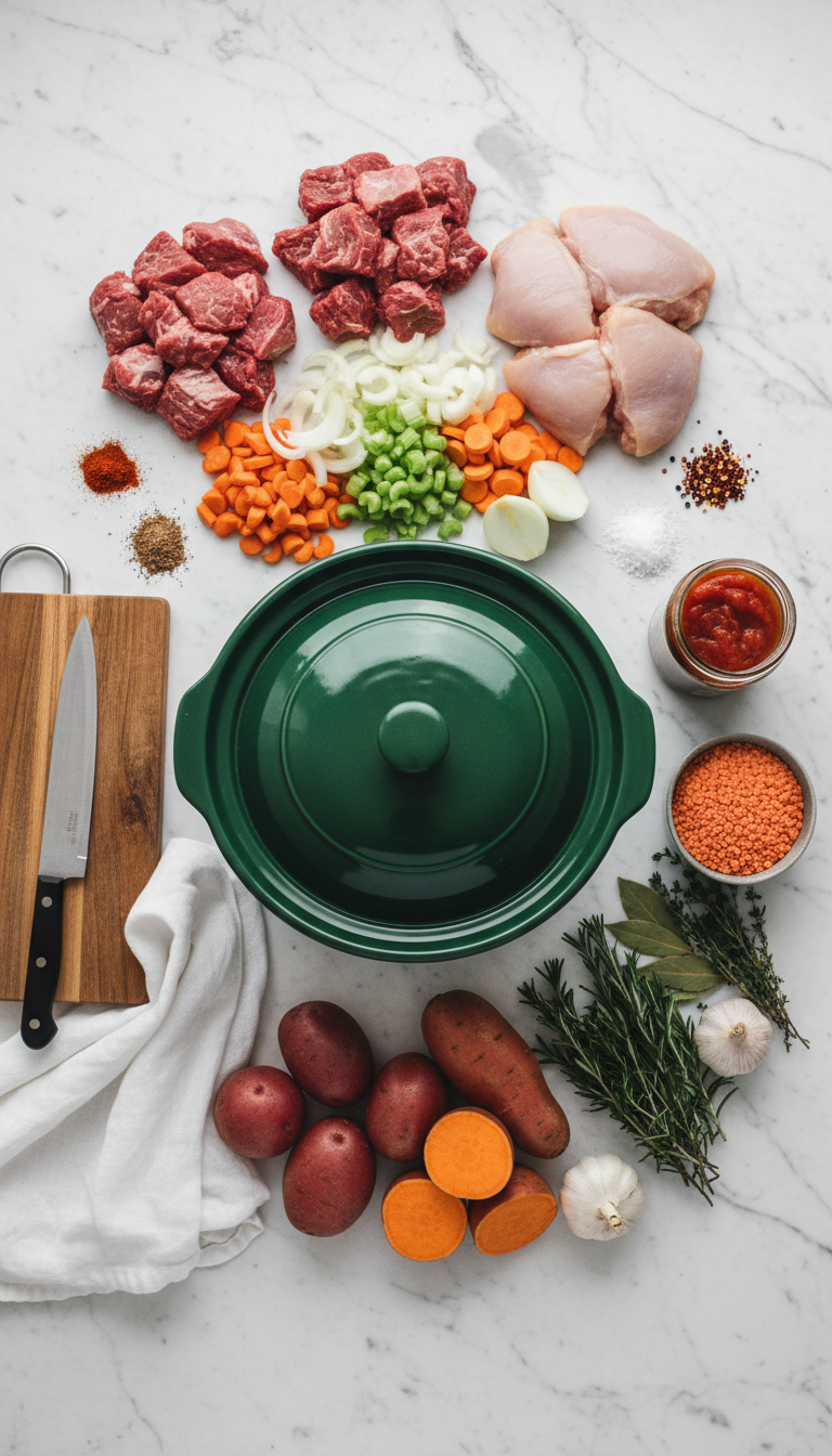 Essential slow cooker ingredients including beef chuck roast, potatoes, onions, garlic, and seasonings arranged on a wooden cutting board