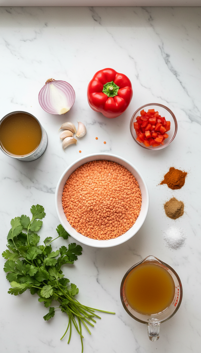 Fresh ingredients for Spicy Mexican Red Lentils arranged on a rustic wooden cutting board with vibrant red lentils, diced onions, colorful bell peppers, and aromatic spices