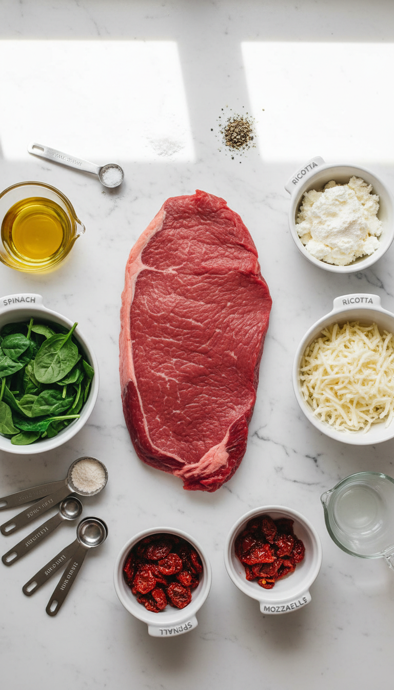 Fresh ingredients for stuffed flank steak including ricotta cheese, spinach, mozzarella, and sun-dried tomatoes arranged on cutting board