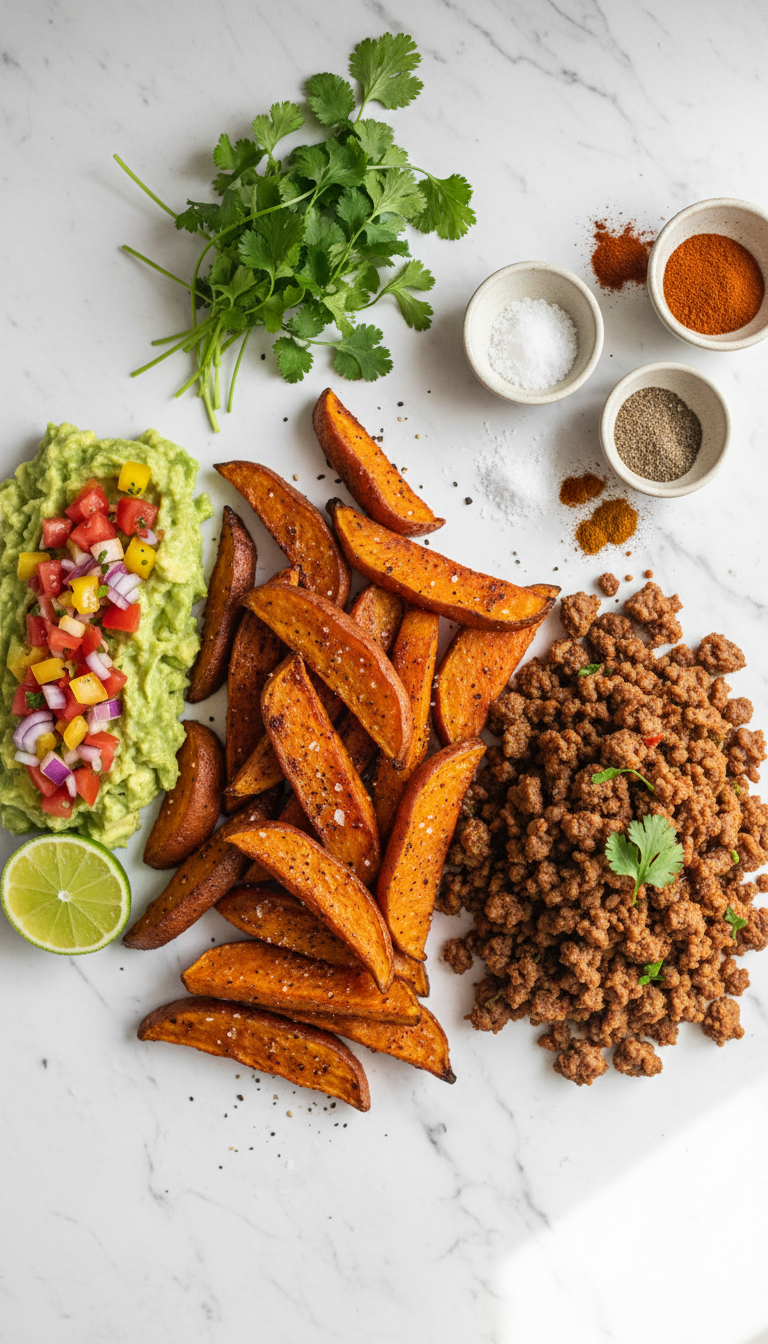 Fresh ingredients for Sweet Potato Taco Bowl including diced sweet potatoes, ground beef, spices, avocado, and pico de gallo arranged on a wooden cutting board