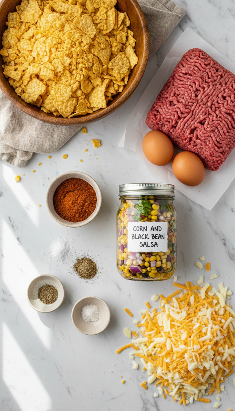 Colorful array of taco meatloaf ingredients including golden corn chips, vibrant salsa, and fresh spices arranged on a marble surface